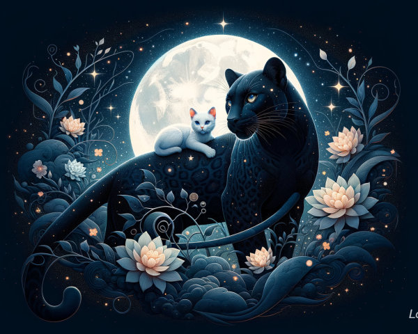 Black Panther and Cat Under Moonlit Lotus Scene