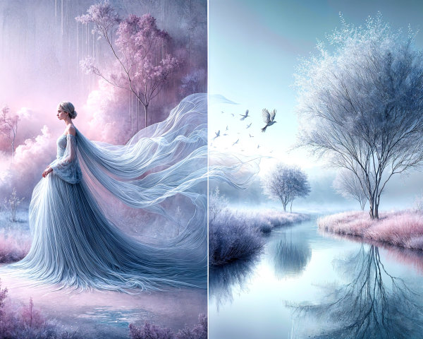 Serene Landscape with Ethereal Figure in Gown