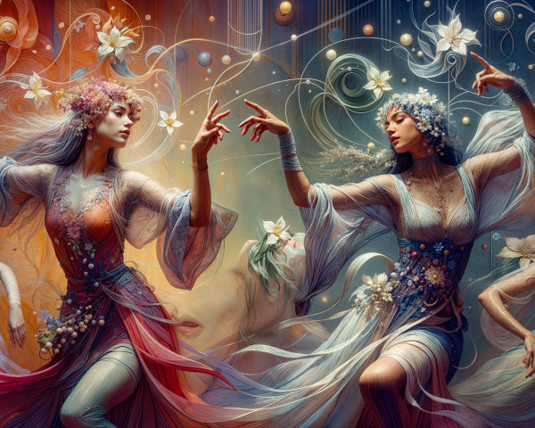 Ethereal Dancers in Vibrant Abstract Setting