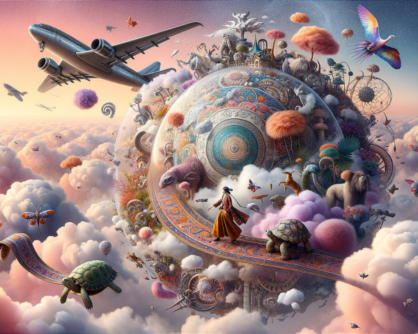 Surreal Landscape with Vibrant Globe and Colorful Animals