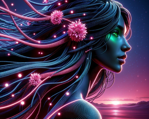 Digital portrait of a woman with glowing hair and flowers
