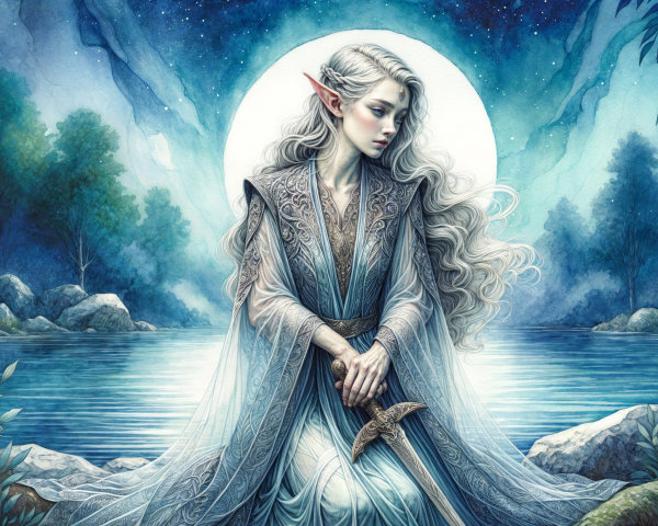 Ethereal elf by tranquil water under starry sky