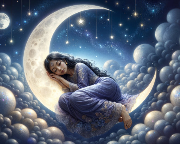 Young Woman on Crescent Moon in Starry Night Sky
