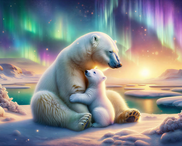 Twilight Arctic Scene with Polar Bears on Snowy Shoreline