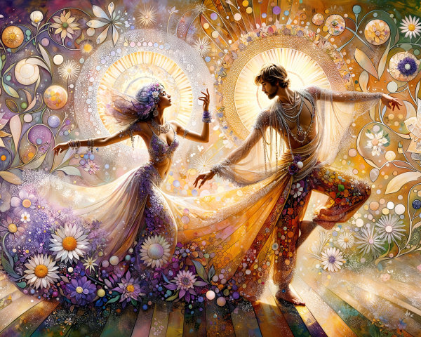 Couple Dancing in a Dreamlike Floral and Celestial Scene