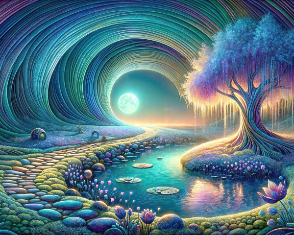 Surreal Landscape with Winding Path and Serene Water