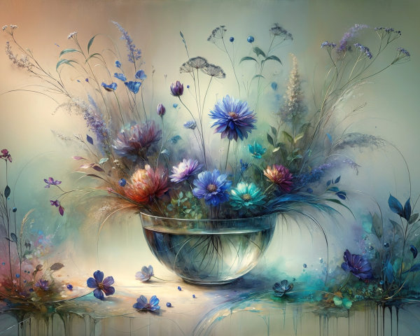 Vibrant Floral Arrangement in Glass Bowl with Background