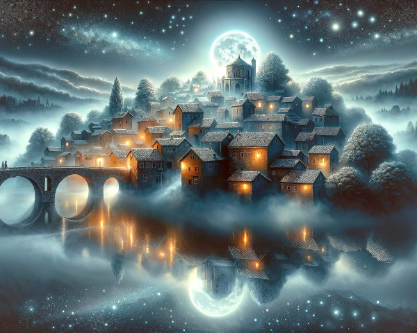 Fantasy Landscape with Village and Full Moon Glow
