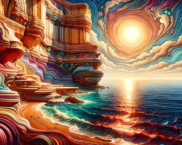 Surreal Landscape with Cascading Cliffs and Ocean Waves