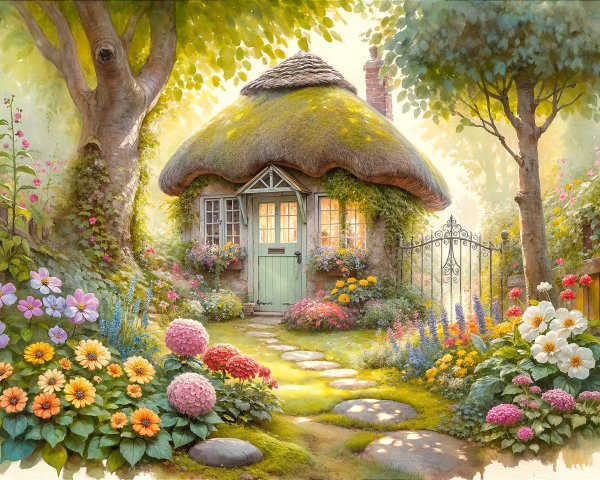 Thatched Cottage Surrounded by Colorful Garden Flowers