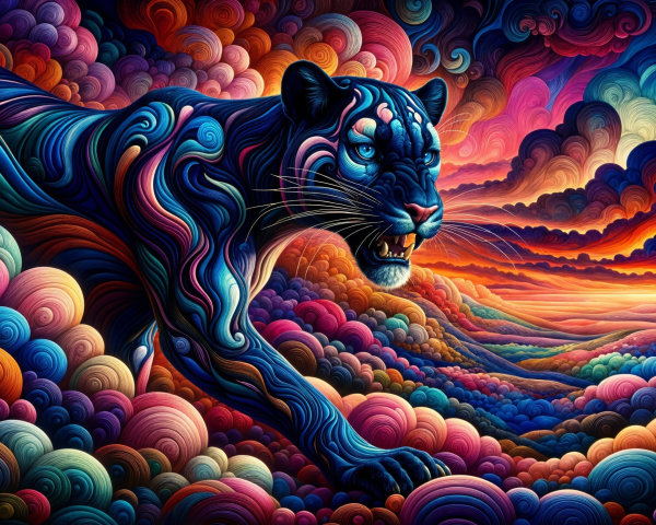 Surreal Panther in Colorful Cloud Landscape