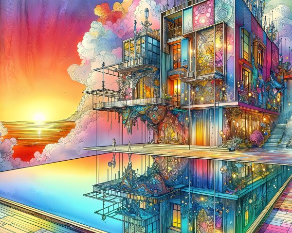 Futuristic Building in Surreal Sunset Landscape