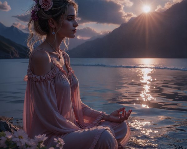 Young Woman by Tranquil Lake at Sunset