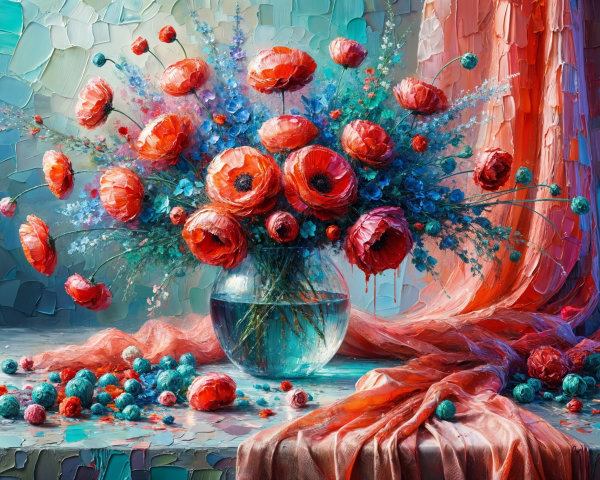 Vibrant Still Life with Red Poppies and Blue Flowers