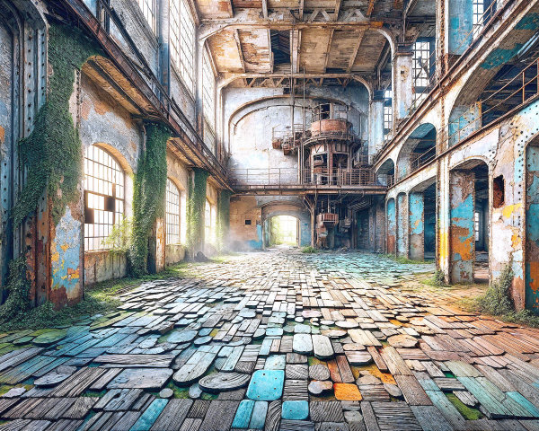 Abandoned Industrial Space with Moss-Covered Flooring