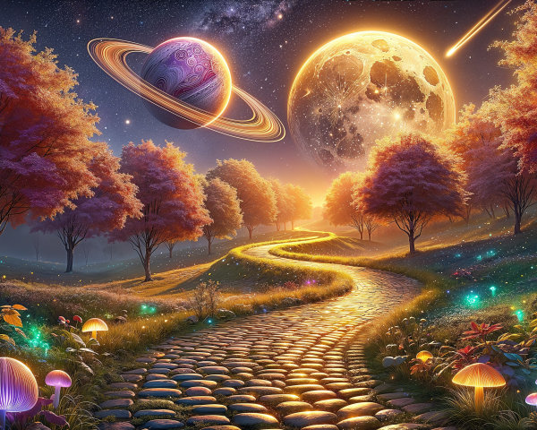 Whimsical Landscape with Cobblestone Path and Moonlight