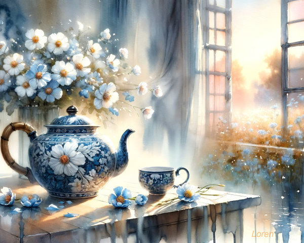 Still Life with Blue and White Teapot and Daisies