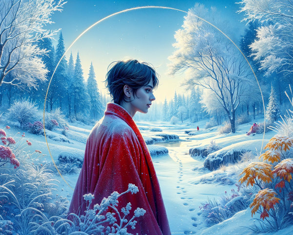 Winter Landscape with Young Figure in Red Cloak