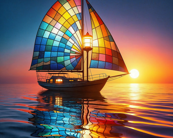 Vibrant Sailboat with Stained Glass Sail at Sunset