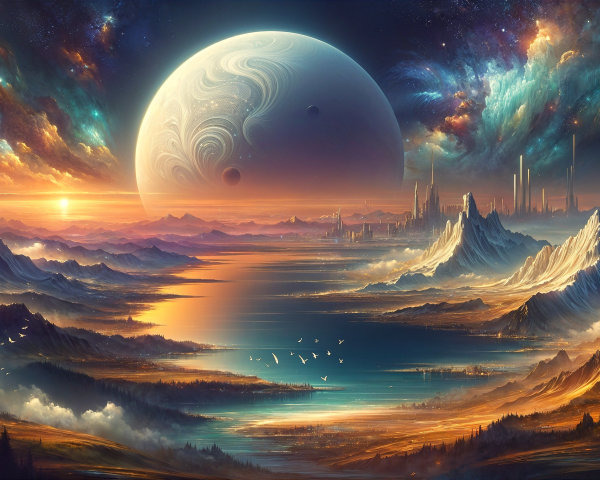 Cosmic Landscape with Planet, Moons, and Sunset Reflection