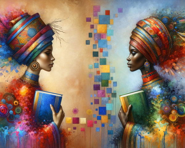 Elegant women with colorful headwraps and books