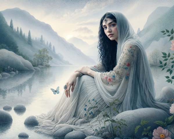 Serene Landscape with Young Woman by Tranquil River