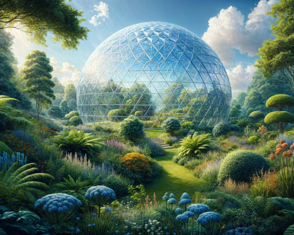 Futuristic garden with transparent geodesic dome