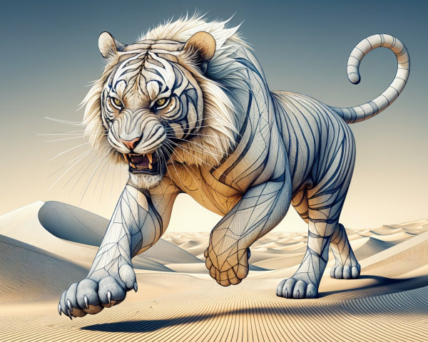 White Tiger in Geometric Wireframe on Sand Dunes