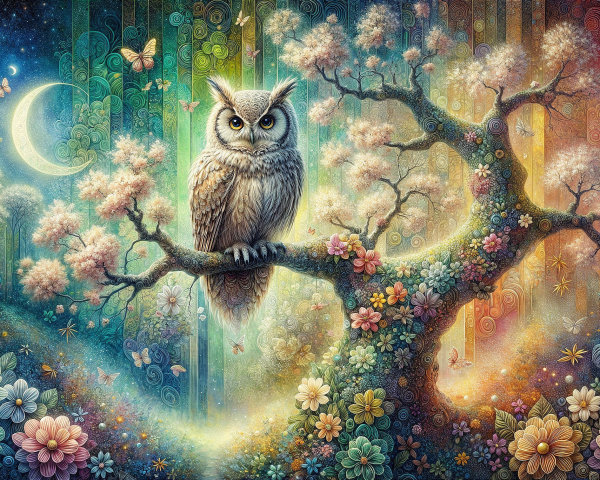Majestic owl in a colorful enchanted forest scene