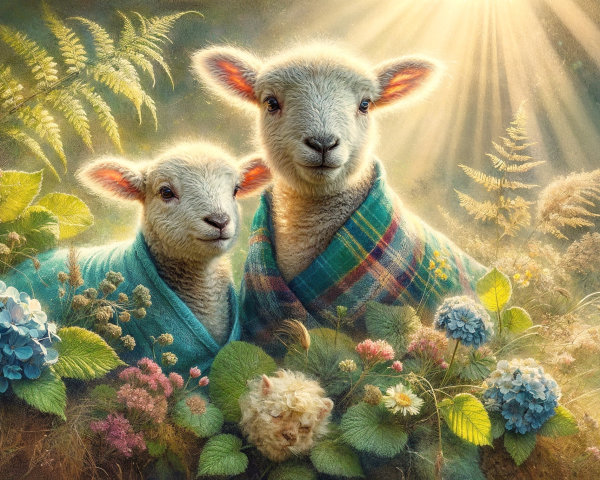 Lambs in Blue Robes Surrounded by Flowers and Ferns