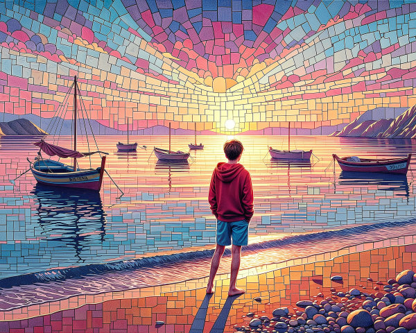 Young Boy on Pebbled Beach at Vibrant Sunset