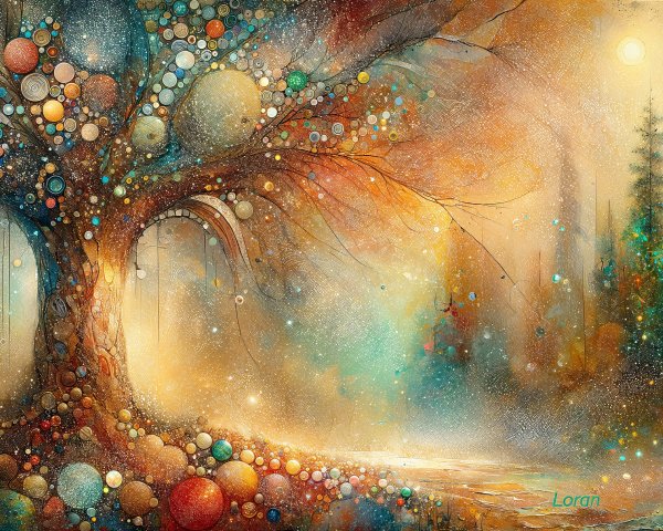 Vibrant Abstract Landscape with Whimsical Tree and Orbs