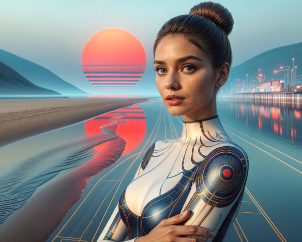 Futuristic Beach Landscape with Sunset and Structures