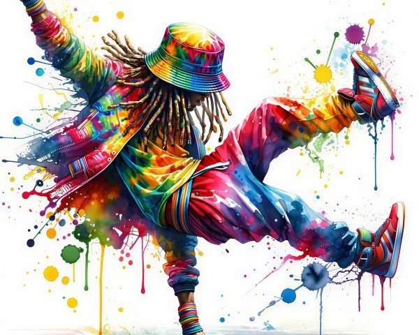Watercolor painting of a breakdancer in vibrant attire