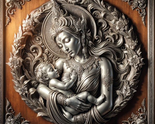 Relief Sculpture of Mother and Child with Floral Border