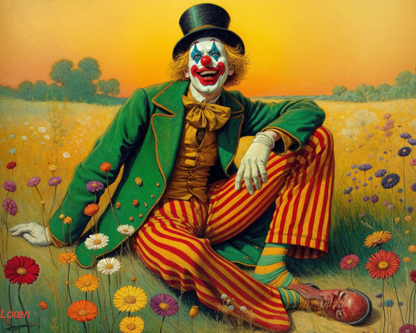 Clown in Colorful Flowers at Sunset Scene