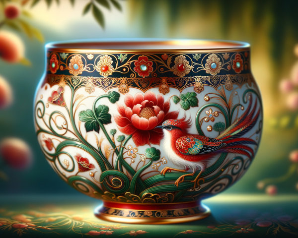 Ceramic Bowl with Floral Patterns and Vibrant Bird