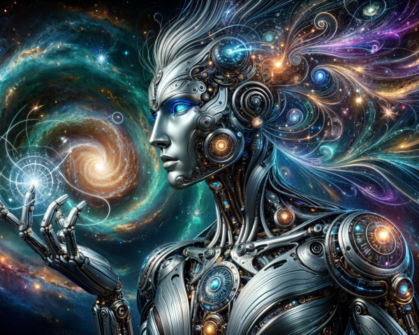 Futuristic humanoid figure in cosmic backdrop with orb