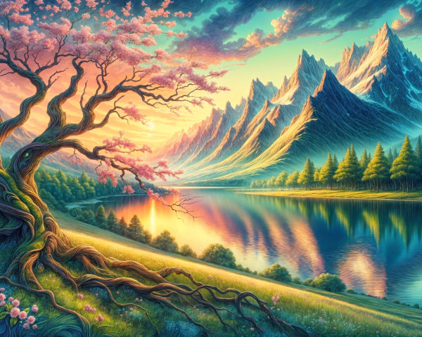 Serene landscape with lake, mountains, and blossoms