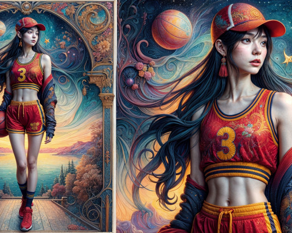 Young Woman in Colorful Basketball Uniform in Space