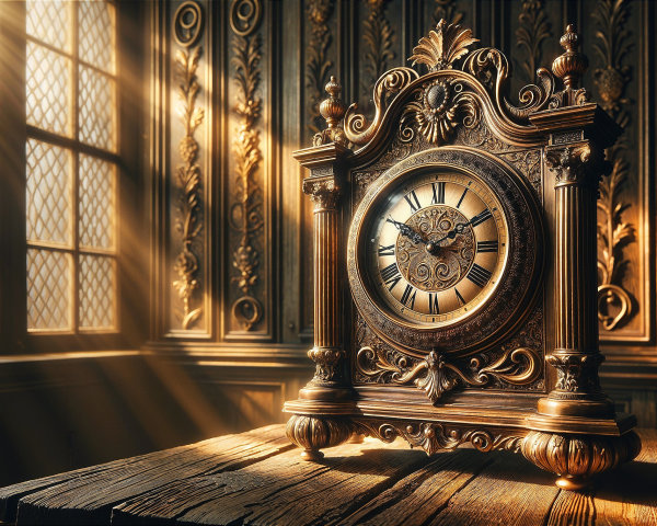 Vintage Ornate Clock on Wooden Table in Sunlight