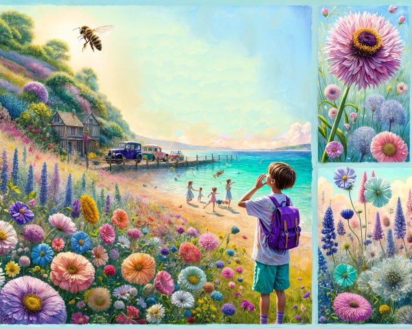 Coastal Scene with Child and Colorful Wildflowers