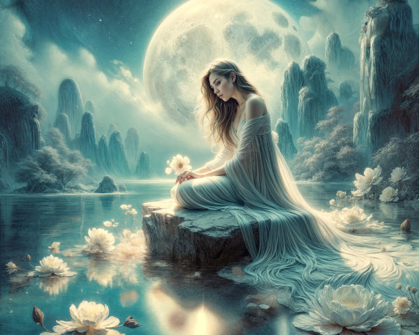 Serene woman in white by tranquil lotus waters