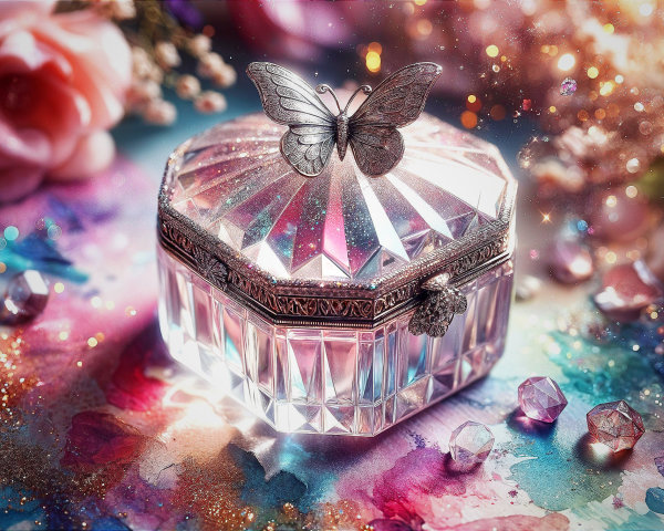 Crystal Box with Silver Butterfly and Watercolor Background