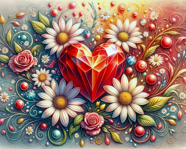 Geometric Red Heart Surrounded by Colorful Flowers