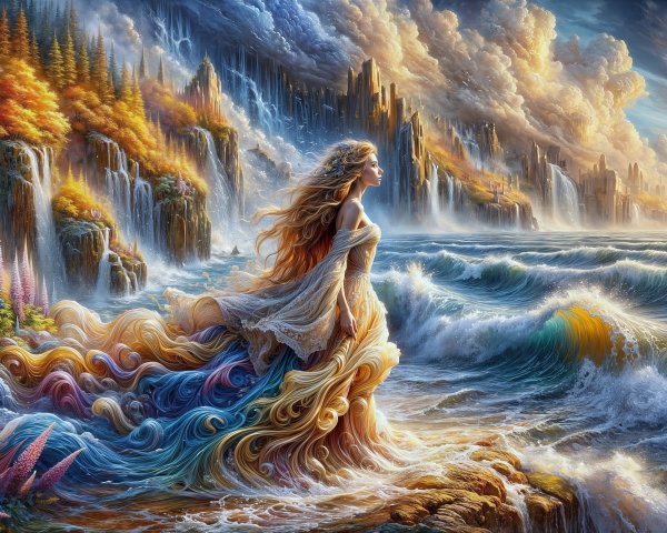 Fantasy Scene of a Woman by Rocky Shore at Sunset