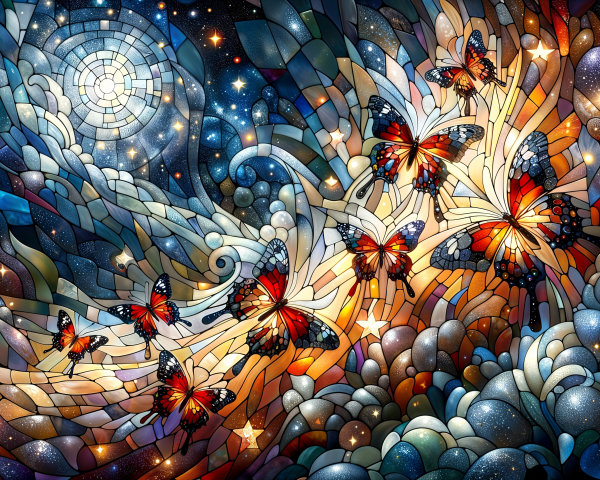 Vibrant Stained-Glass Cosmic Scene with Butterflies