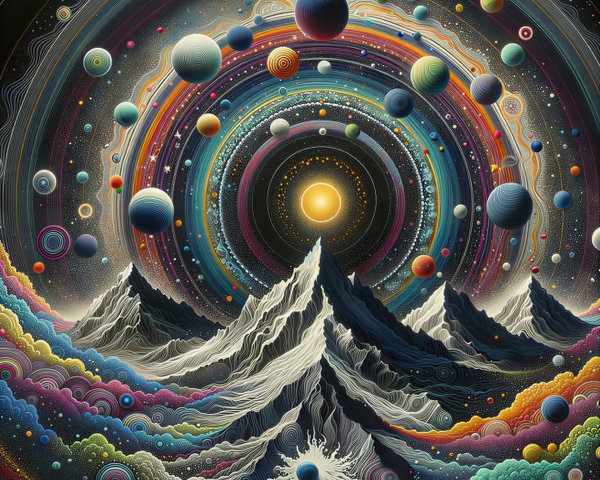 Psychedelic Night Sky Over Mountainous Landscape Artwork