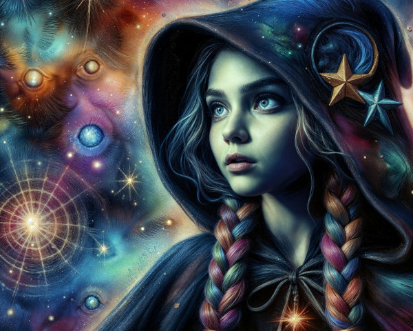 Girl in Cloak Gazing at Cosmic Galaxy Scene