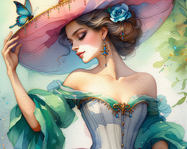 Watercolor portrait of a woman in a sun hat